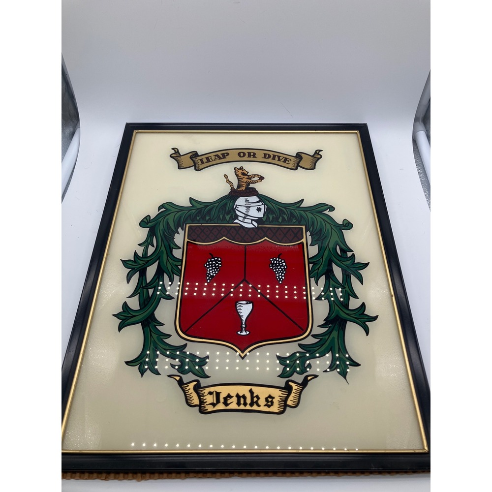 Vintage Jenks Family Coat of Arms Framed Glass Art Leap Or Dive Heraldry 11x14